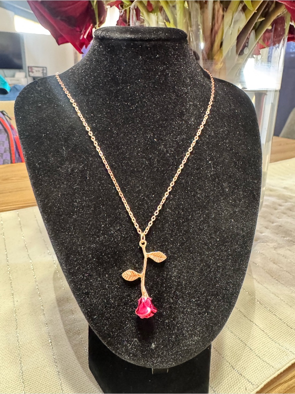 Gold-Tone Rose Drop Necklace with Pink Blossom Pendant